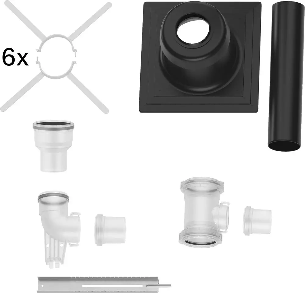 Verschiedene Komponenten für Abgassysteme. Enthält Rohre, Fittings und eine Anschlussplatte von Bosch, geeignet für eine Montage im Bereich der Abgasführung.
